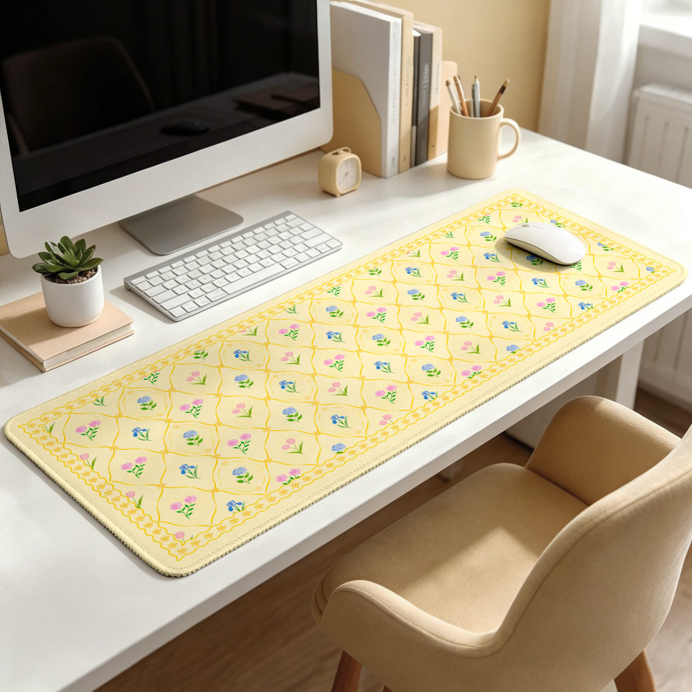 Floral desk mat styled on a cozy desk